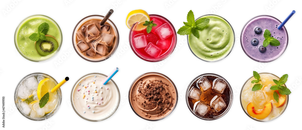 cool drinks set ; smoothie, juice, sparkling water with fresh and beautiful fruits decorated glass top view on white background.