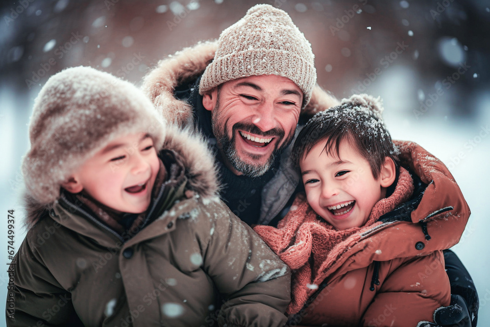 Obraz premium Portrait of a happy family in winter park. Father, son and daughter having fun. Selective focus