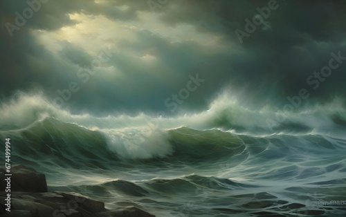 Stormy sea with stormy waves. Dramatic sky. Epic seascape. 3D render