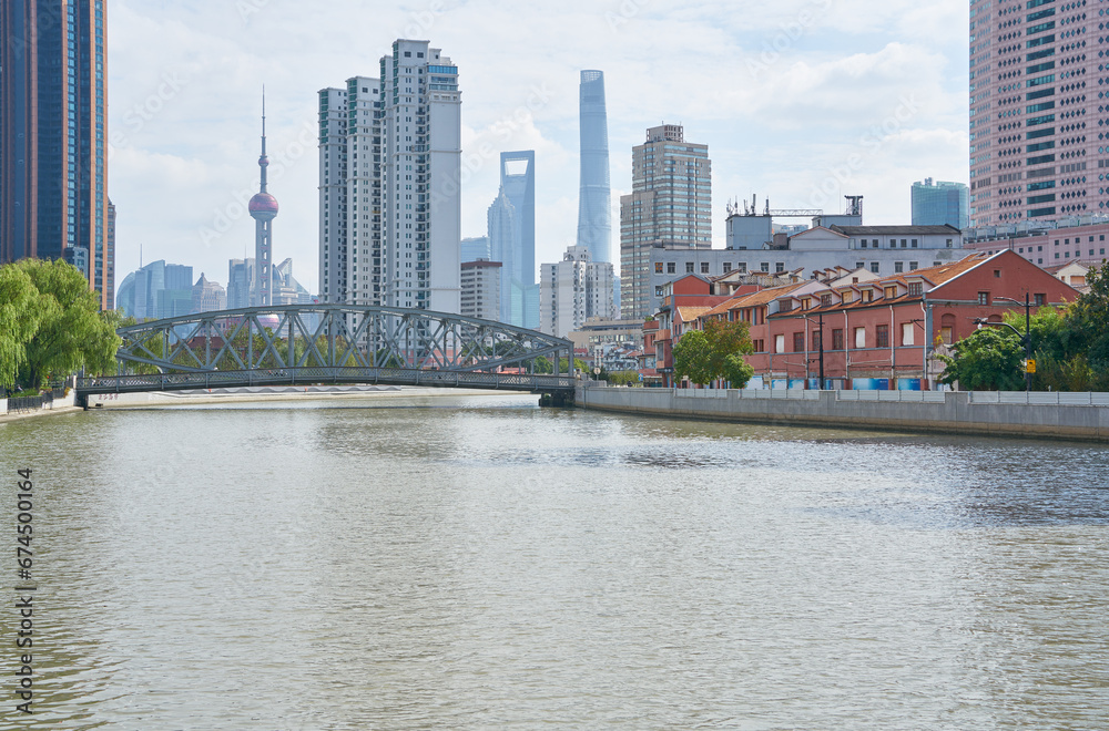 financial buildings by the river in Shanghai, China