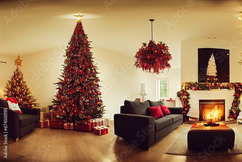 Christmas tree in the kitchen, decoration Interior of bright modern kitchen with fireplace 