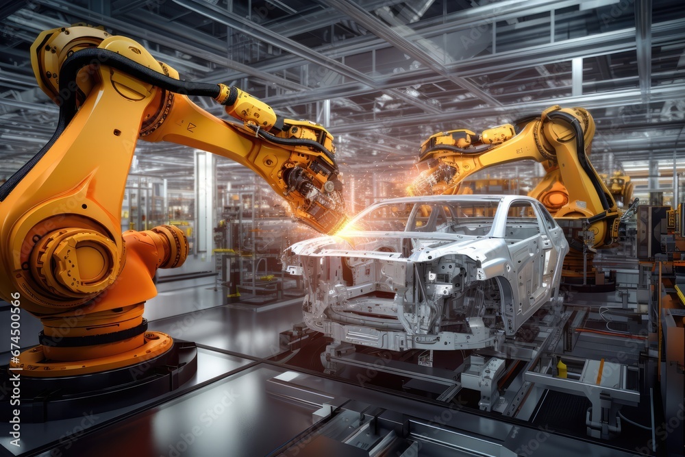 Futuristic Factory With Robotic Arms At Work Futuristic Factory With Robotic Arms At Work