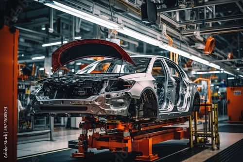 Engineer Works On Car Assembly Line In Factory. Сoncept Car Manufacturing Process, Assembly Line Efficiency, Industrial Engineering, Automation In Manufacturing, Quality Control In Automotive Industry