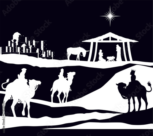 A Christmas nativity scene with baby Jesus in the manger, wise men and city of Bethlehem in the background