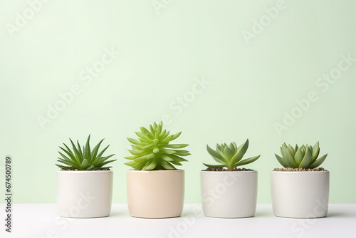 minimalistic light green background with succulents  with empty copy space