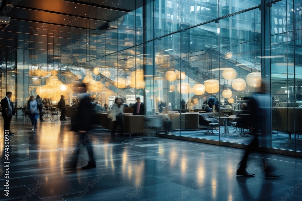 Long Exposure Captures Bustling Modern Office Lobby With People