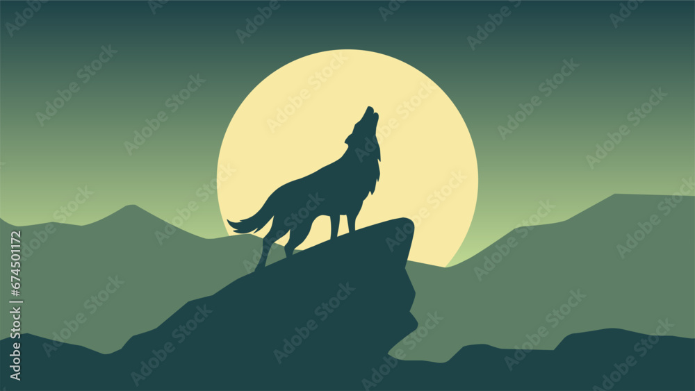 Wildlife wolf landscape vector illustration. Silhouette of wolf howling at night illustration. Wildlife landscape for background, wallpaper or landing page - obrazy, fototapety, plakaty 