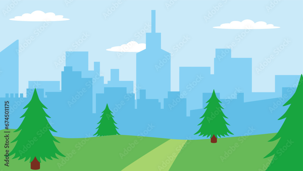 City landscape vector illustration. Urban silhouette of skyline building in the green city. Cityscape landscape for background, wallpaper or landing page