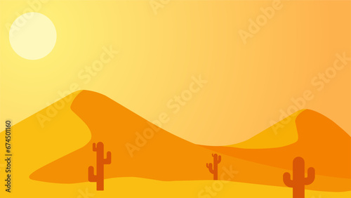 Desert landscape vector illustration. Dune desert landscape at night with shooting stars. Subtropical desert landscape for background, wallpaper or landing page