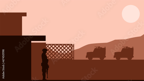 Military base landscape vector illustration. Silhouette of soldier at military base with watchtower. Military landscape for background, wallpaper or landing page