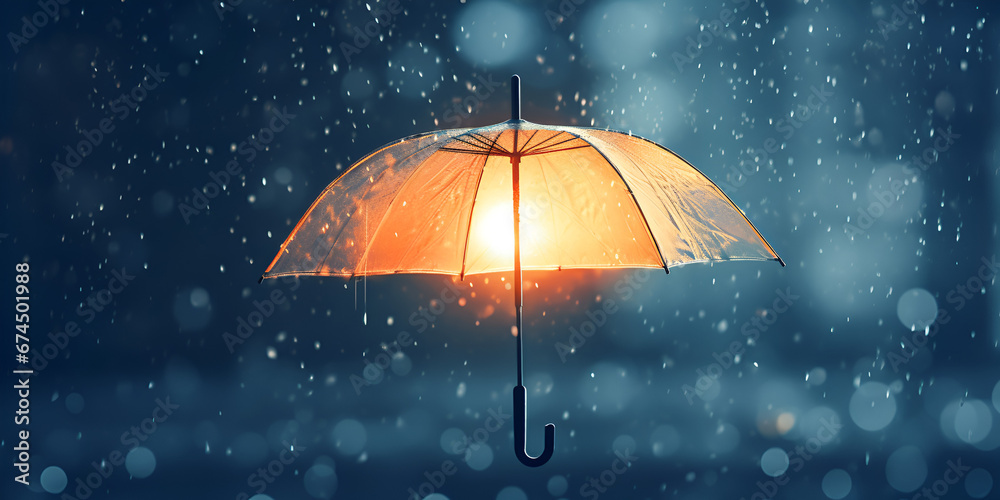 Yellow umbrella and rain drops, Orange umbrella in rain  with raining bokeh background, Umbrella with raindrops on it closeup on a rainy day