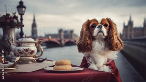Cavalier king charles spaniel dog wearing english gentleman clothes drinks traditional tea at London bridge
 photo