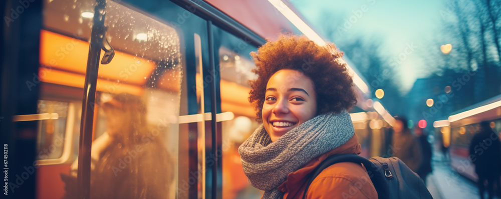 Obraz premium Young woman travelling by bus in winter town.