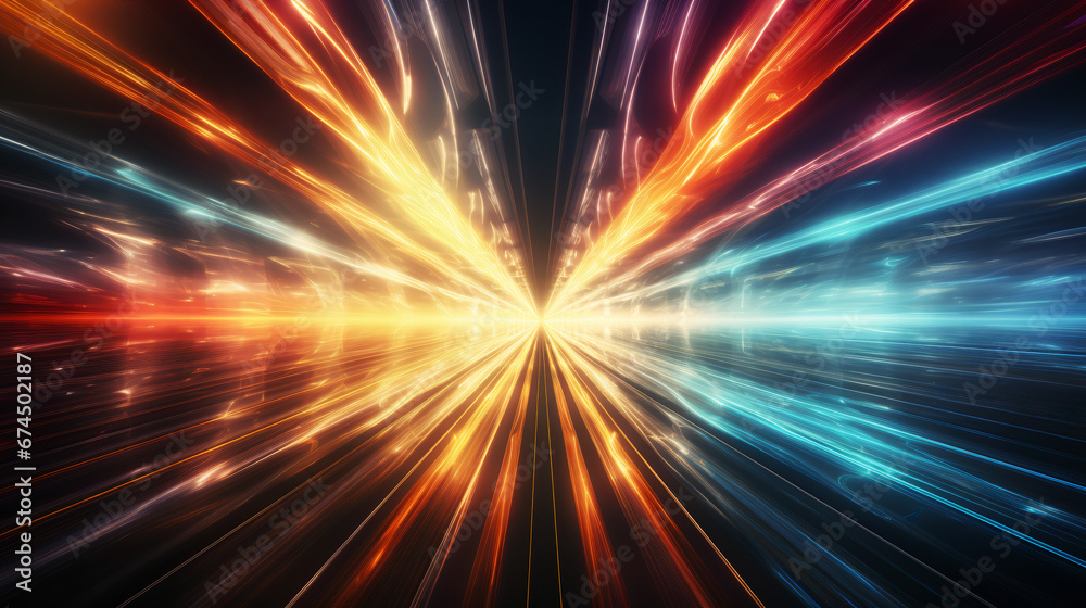 Futuristic abstract background, colorful bright neon rays and glowing lines. AI generative