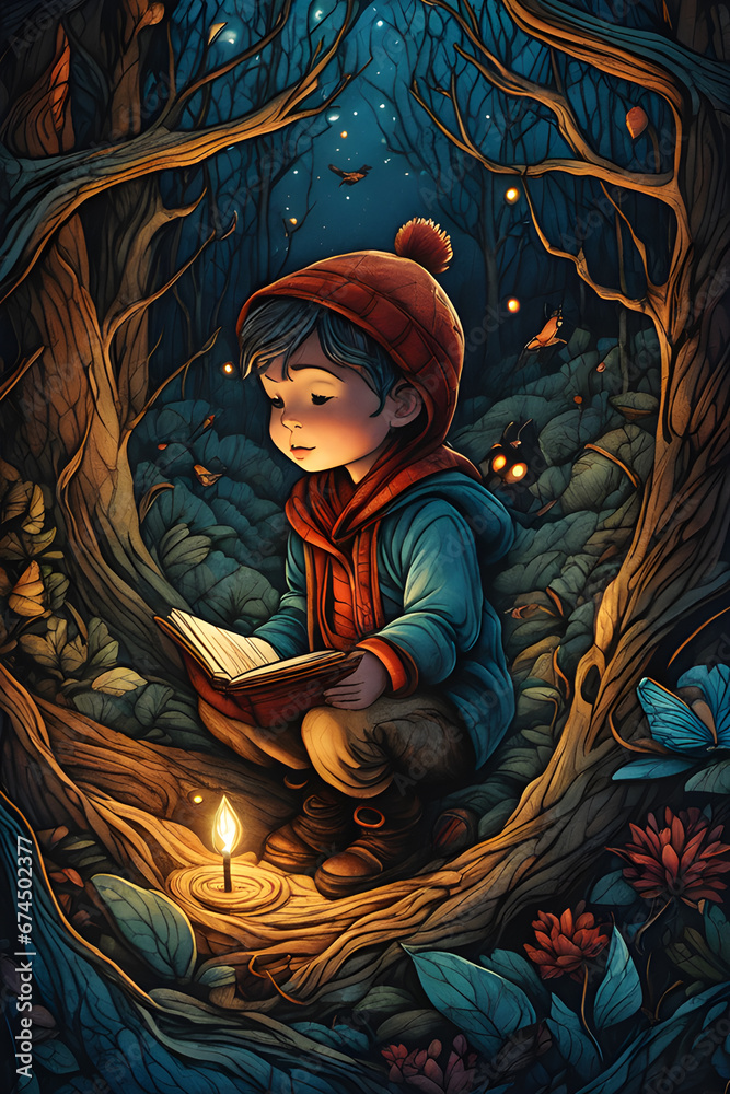 Portrait of a child in the dark forest at night
