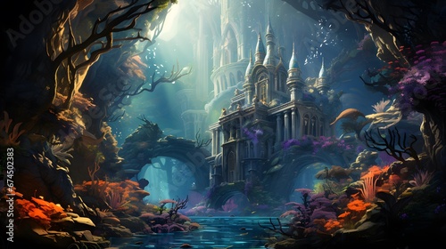 Fantasy landscape with a fantasy castle in the water. Digital painting.