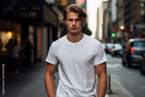 Male Model In White Cotton Tshirt On City Street