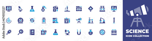 Science icon collection. Duotone color. Vector and transparent illustration. Containing ultra chlorine, planet, book, test tube, chemical process, cell, microscope, plasma ball, virus, online class.