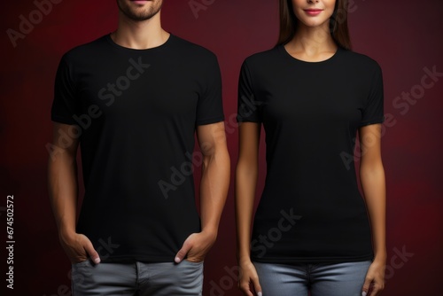 Man And Woman With Blank Black Tshirt Mockup © Anastasiia