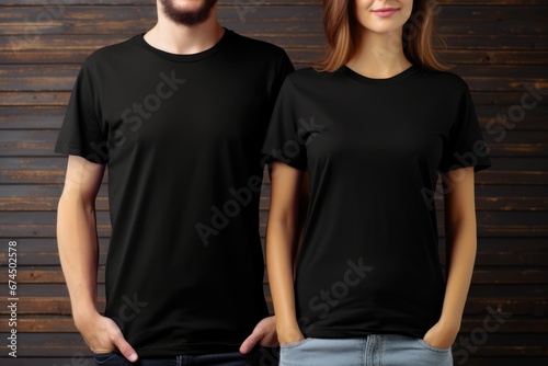 Man And Woman With Blank Black Tshirt Mockup photo
