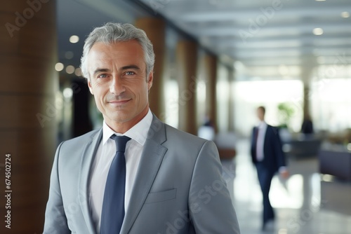 Mature Businessman Smiles In Corporate Setting. Сoncept Sleek Office Environment, Professional Portraits, Confident Businessman, Modern Business Attire