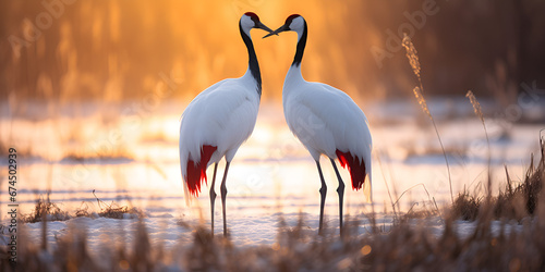 Two beautiful Black Crane Standing In A Watery Area at sunset  Beautiful view  love in birds. Generative AI