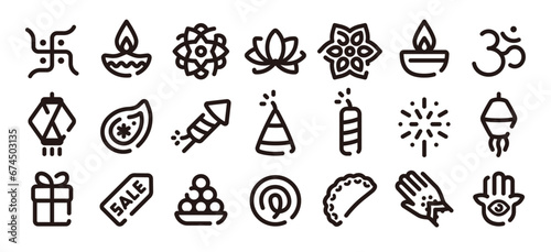 Diwali festival icon set (Soft bold line version)