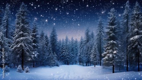 Night dark Forest winter landscape with fir trees on starry sky background. Moody botanical atmosphere illustration. Dreamy wallpaper for Christmas or New Year greetings. © Oksana Smyshliaeva
