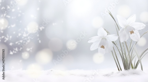 Delicate Snowdrop Flower in forest Background. Hello first Spring easter flowers. White Snowfall Beautiful blooming snowdrop flowers. for postcards, posters and wallpapers.