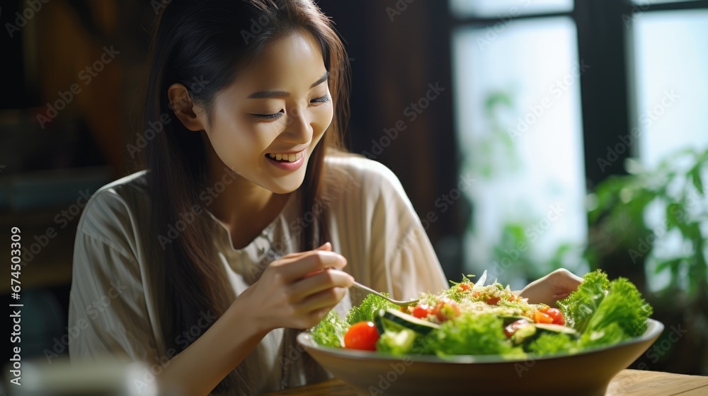 Asian Woman holding vegan salad with many vegetables. Veganuary, Healthy lifestyle concept. lady Portrait with healthy fresh vegetarian salad..