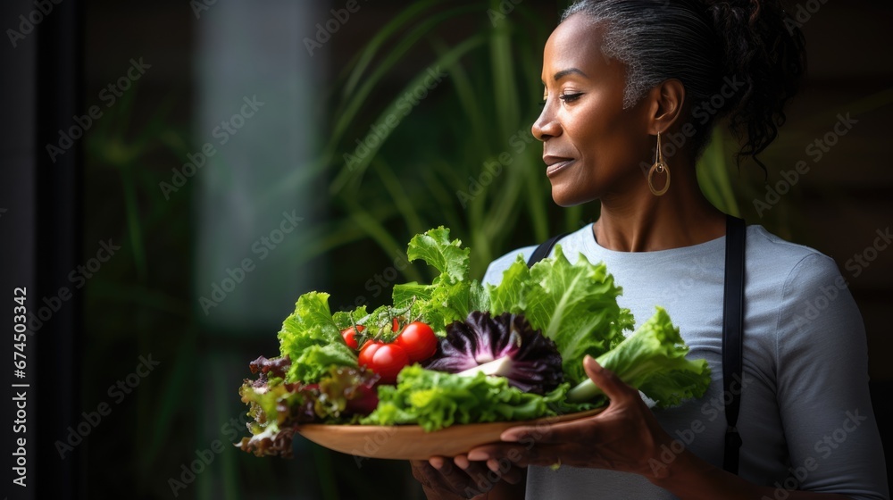 African American Mature woman holding vegan salad with many vegetables. Veganuary, Healthy lifestyle concept. Senior lady Portrait with healthy fresh vegetarian salad..