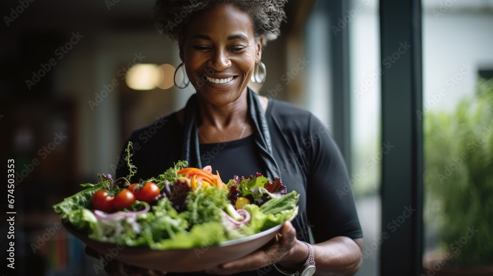 African American Mature woman holding vegan salad with many vegetables. Veganuary, Healthy lifestyle concept. Senior lady Portrait with healthy fresh vegetarian salad..