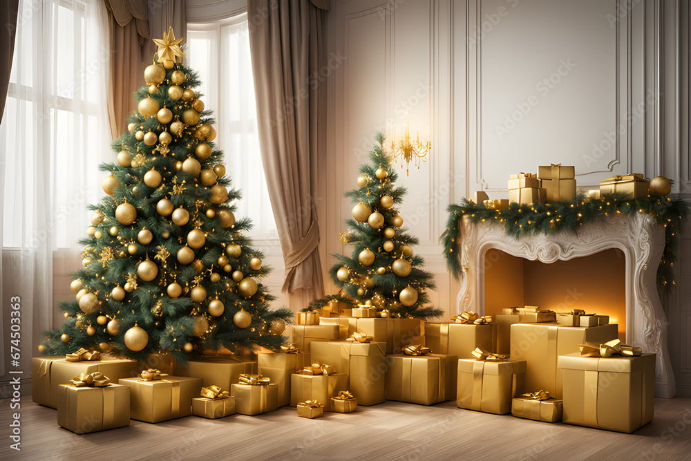 Christmas tree with presents, decorated with golden balls and bows