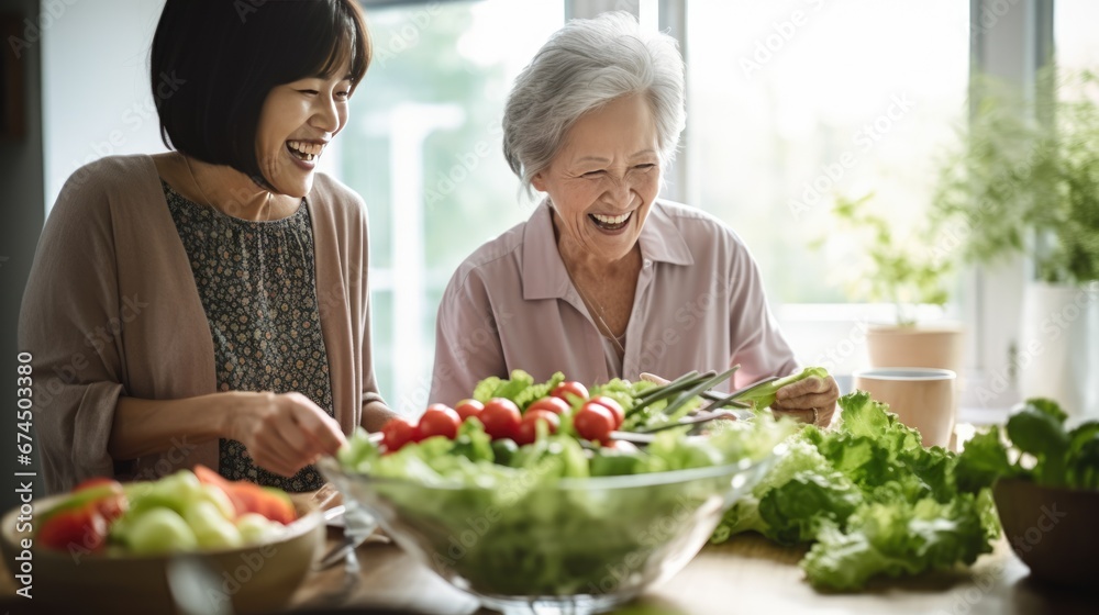 Asian Mature woman holding vegan salad with many vegetables. Veganuary, Healthy lifestyle concept. Senior lady Portrait with healthy fresh vegetarian salad..