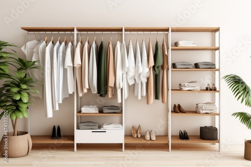 Modern Closet Interior Hosts White Tee Shirt Mockup. Сoncept Fashion Blogger Outfits, Minimalist Wardrobe, Stylish Clothing Display, Clothing Store Showcase © Anastasiia