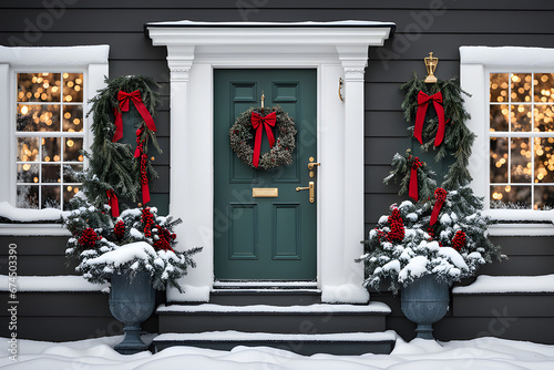 a decorated house for Christmas, a wreath on the door, snow on the doorstep