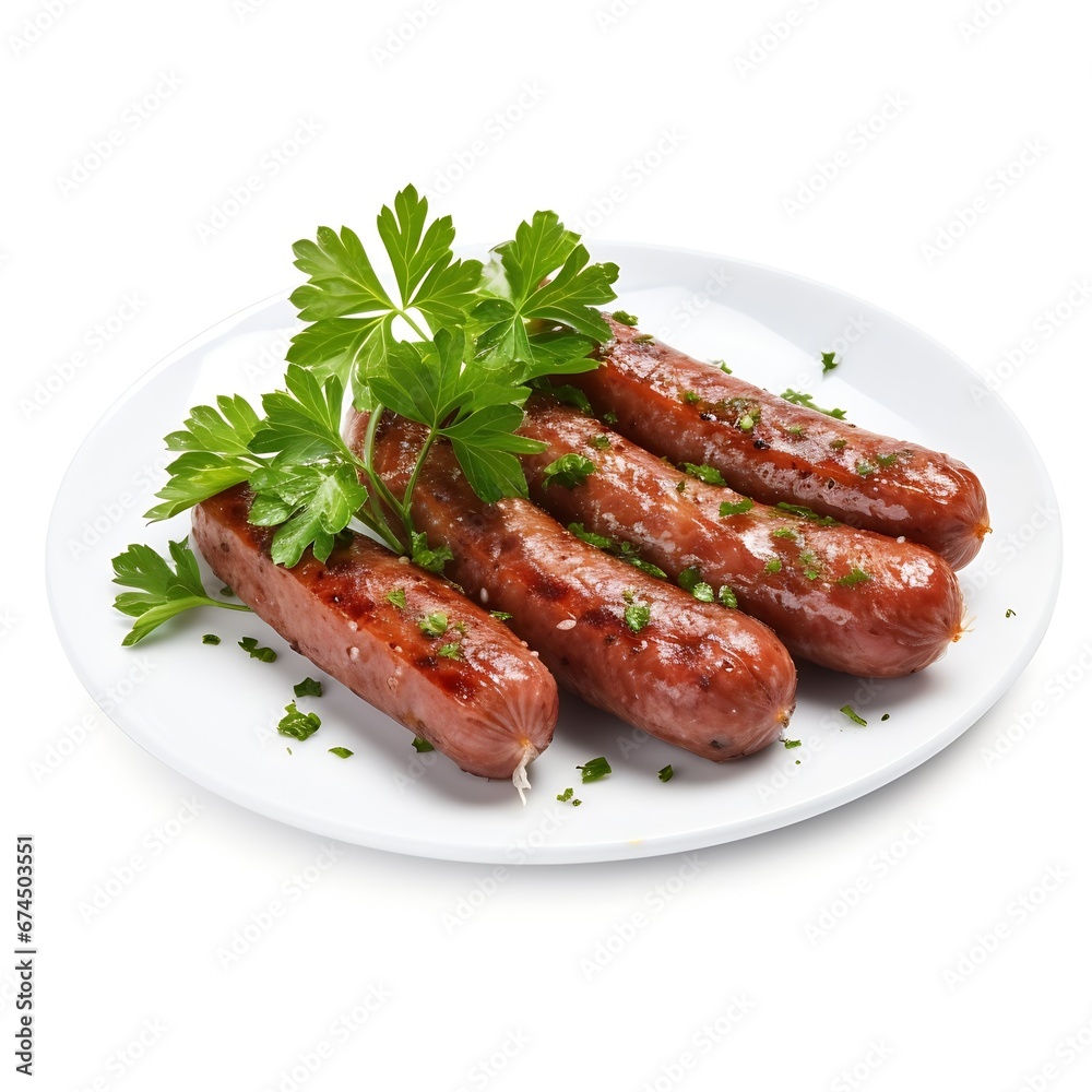 Generative AI : Sliced sausage with parsley leaves and peppercorn isolated on white background
