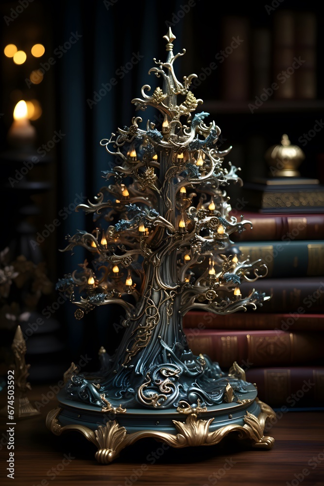 Vintage silver christmas tree with books in background. 3d rendering