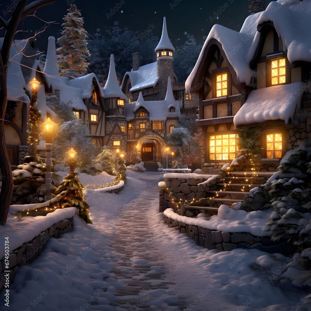 Winter village at night with christmas decorations. 3d rendering.