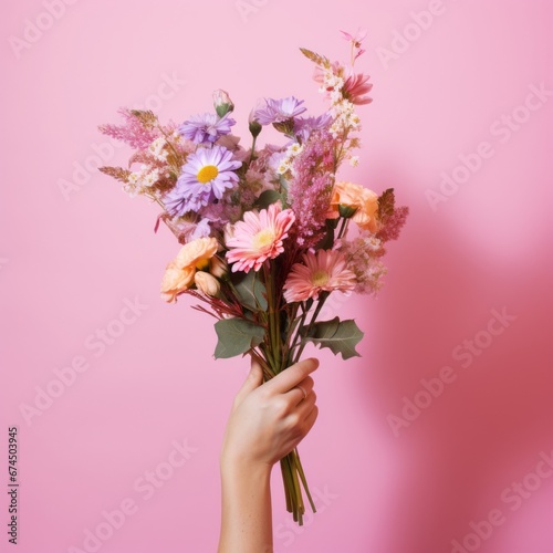 Female hand holding a bouquet of flowers on a pink background.