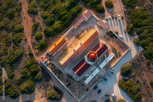 Top down view of lighthouse, cape Espichel at sunset, Portugal