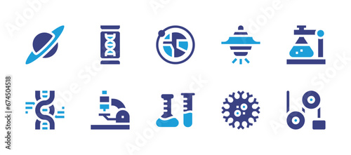 Science icon set. Duotone color. Vector illustration. Containing planet, dna, microscope, orbit, chemistry, flask, physics, ufo, virus.