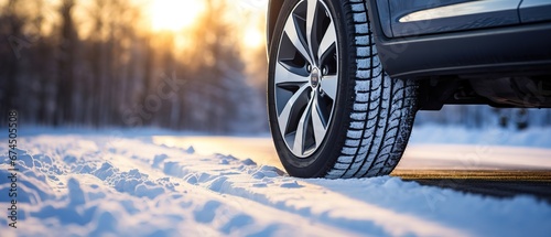 Close up of car tires in winter on the road covered with snow. Winter tire