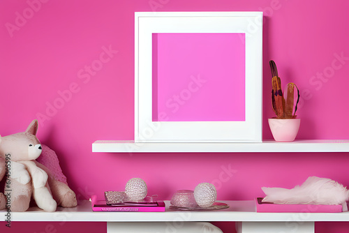 Mock pink poster frame close up on shelf with pink family room decoration photo