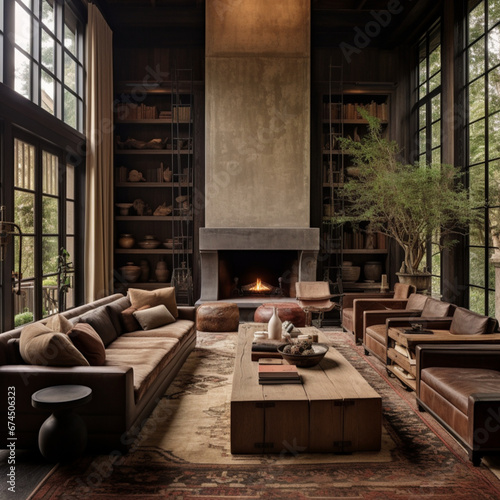 axel vervoordt style living room, quarter sawn oak, copper leather couches, with beige field stone fireplace and hickory floors, normal window trim, black accents, and cactus succulents