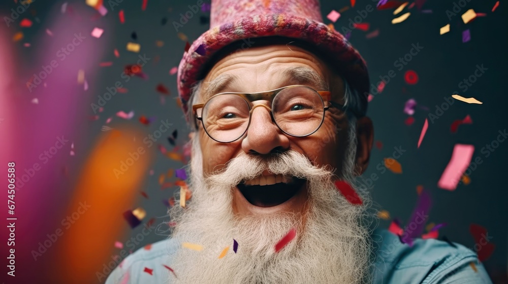 Cheerful Elderly Man With Beard Celebrating with Party Glasses Cheerful Elderly Man With Beard Celebrating with Party Glasses