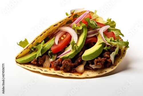 Generative AI : Mexican tacos with beef, tomatoes, avocado, chilli and onions isolated on white background.