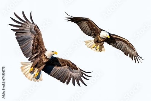Generative AI   A close view of two adult eagles sharing a branch in close proximity high up a tree