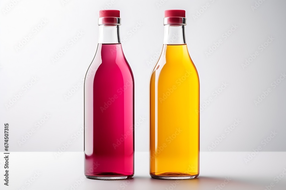 Generative AI : Bottles with colorful drinks and blank labels. Generative AI : Bottles with colorful drinks and blank labels.