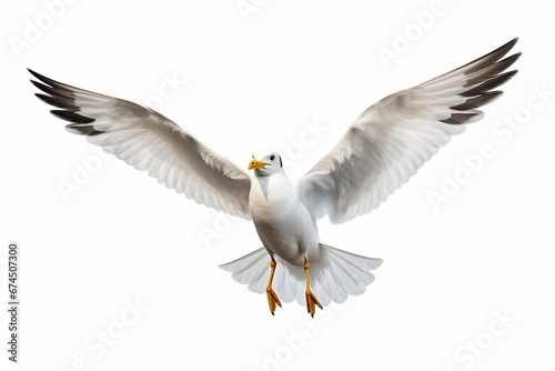Generative AI : Flying seagull isolated on white background